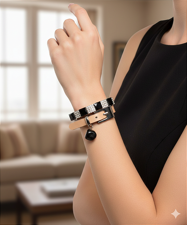 Pulseira Feminina Duas Volta em Couro e Pedras Polidas