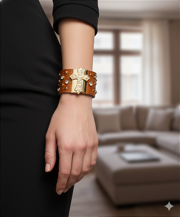 Pulseira Feminina Crucifixo Em Couro Legitimo Fechamento Automático