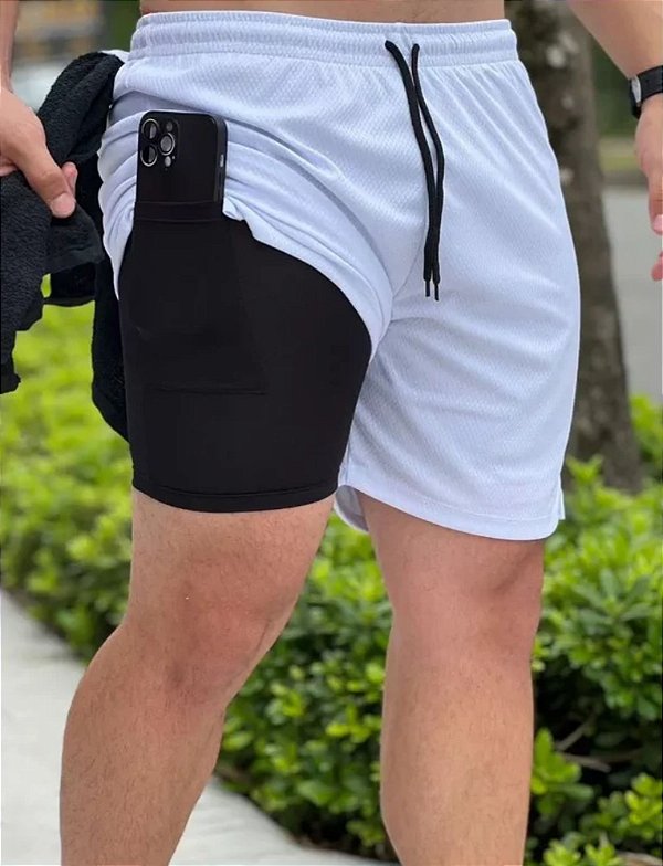 Short Duplo Absoluth Duolayer Com Porta Toalha E Bolso Interno Branco