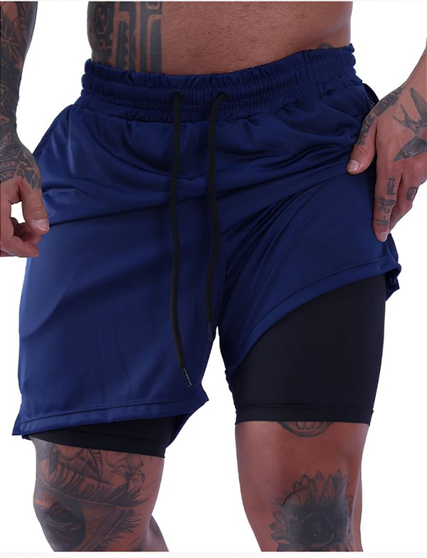 Bermuda Dupla 2 Em 1 Compressão com Suporte Toalha e Bolso Interno Absoluth Azul Marinho