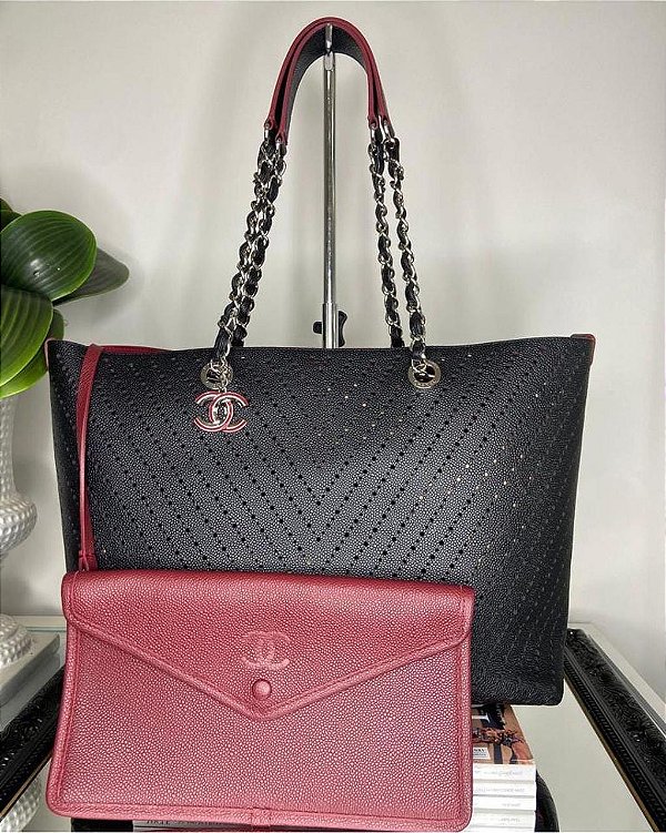 CHANEL Perforated Grained Calfskin Large Shopping Tote Black