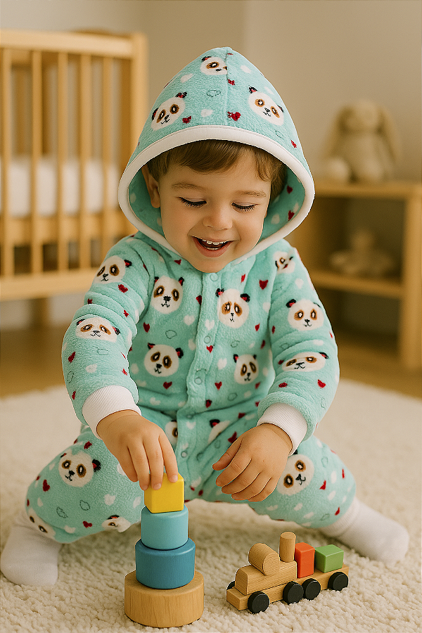 Macacão Fleece Infantil 1,2,3 anos Quentinho com Capuz - Panda