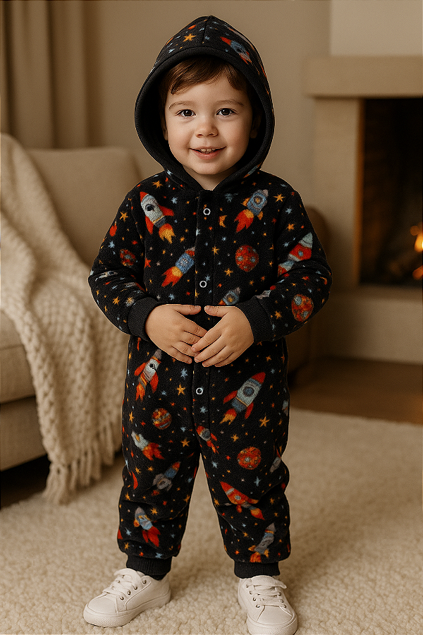 Fleece Infantil Macacão 1,2,3 anos Menino - com Capuz - Espacial Preto