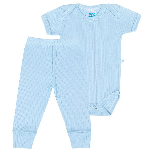 Conjunto Body Curto + Calça Canelado Bebê Azul - "Canelado Tio Dey"