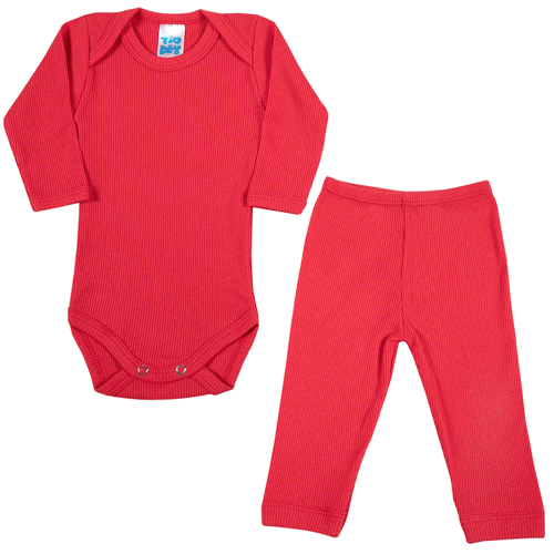 Conjunto Bebê Canelado Manga Longa - Vermelho