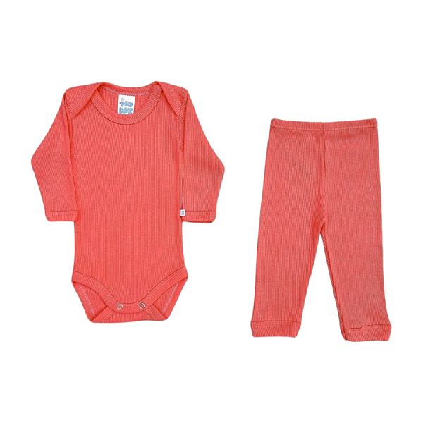 Conjunto Bebê Canelado Manga Longa Coral