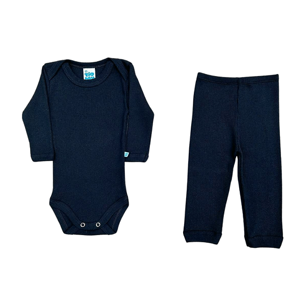 Conjunto Bebê Canelado Manga Longa Preto