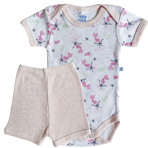 Conjunto Manga Curta Canelado Sereia Rosa Bebê