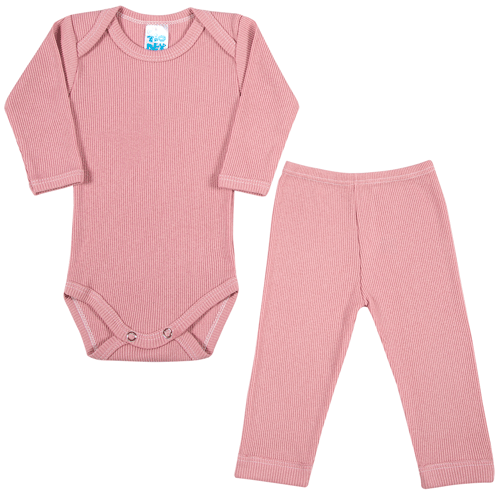 Conjunto Bebê Canelado Manga Longa Rosa Envelhecido