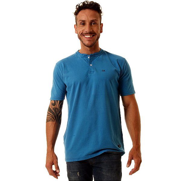 Camiseta Oitavo Ato Henley Azul Turquesa Stone