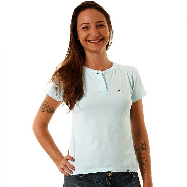 Camiseta Feminina Oitavo Ato Henley Azul Piscina