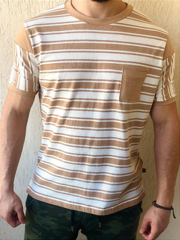Camiseta Básica Oitavo Ato Algodão Colorido Listrada Marrom
