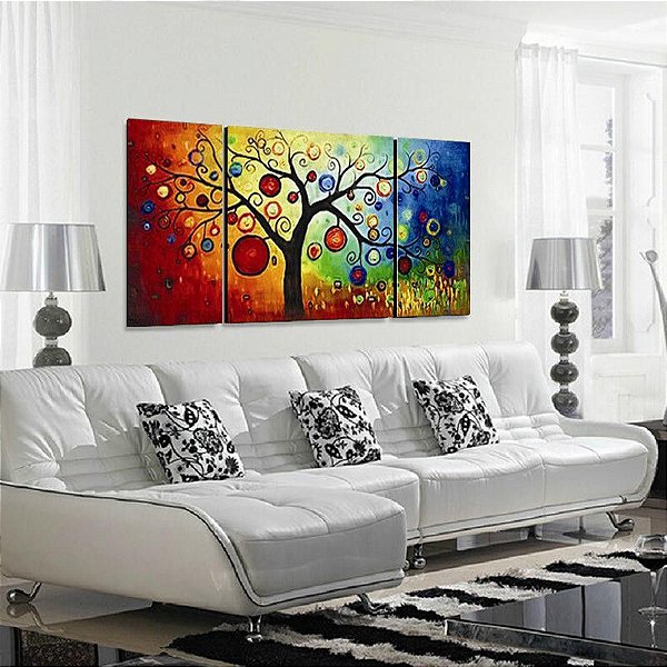 Quadro Pintura em Tela Abstrato Moderno Árvore  90 x160 dividido em 3 p