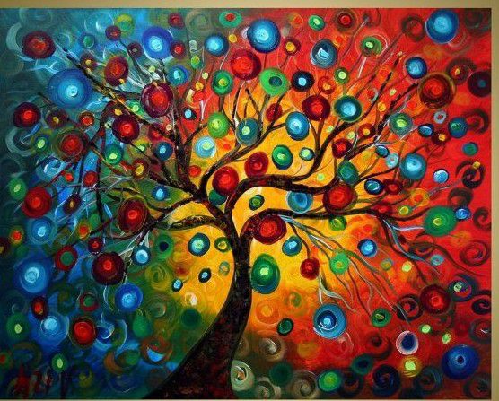 Quadro Pintura em Tela Abstrato Moderno Árvore Coloridas