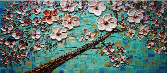 Quadro Pintura em Tela Árvore Cerejeira fundo Azul Turquesa
