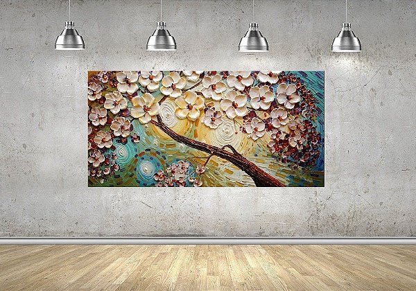 Quadro - Pintura em Tela Árvores Modernas Flores Espatuladas Efeito 3d