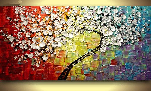 Quadro  Pintura em Tela Árvores Modernas Flores Espatuladas Efeito 3d