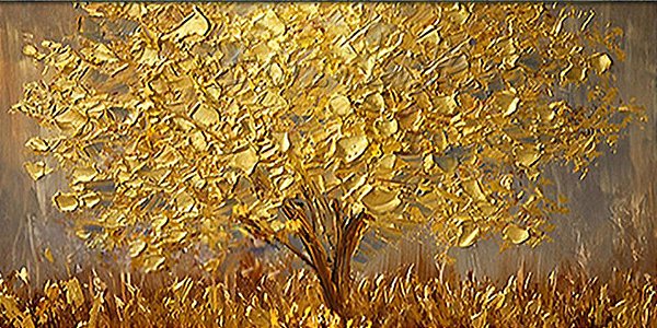Quadro  Pintura em Tela Árvores Modernas Folhas Douradas Espatuladas