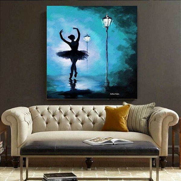 Quadro Decorativo Pintura Bailarina no Bosque Iluminado azul