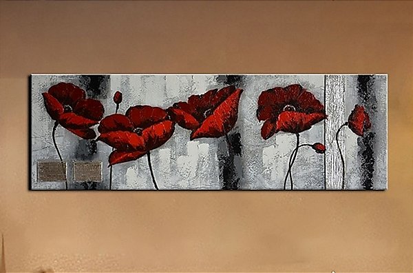 Quadro decorativo  Flores vermelhas com fundo cinza Pintura em relevos