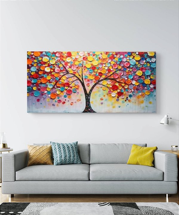 Quadro Pintura em Tela Abstrato Moderno Árvore Colorida