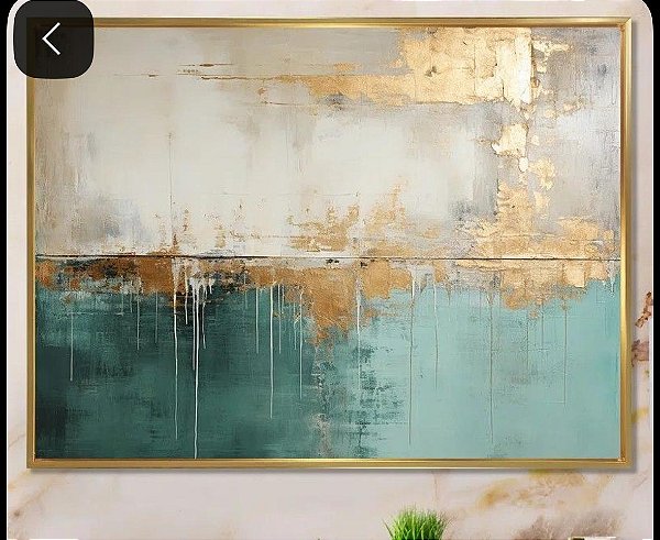 Pintura em tela quadro abstrato em verde e dourado