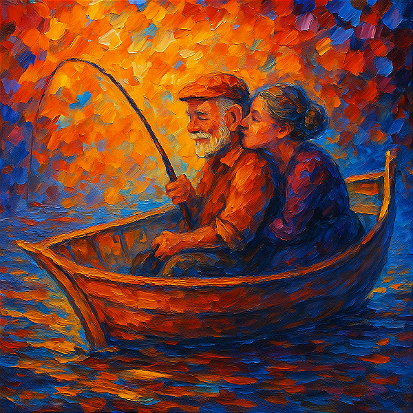 Pintura em tela quadro paisagem com casal de idosos pescando