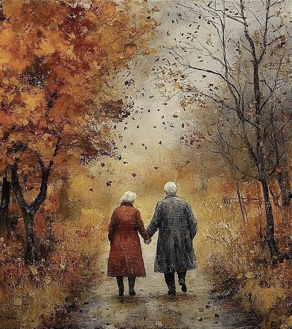 Pintura em tela quadro paisagem com casal idosos