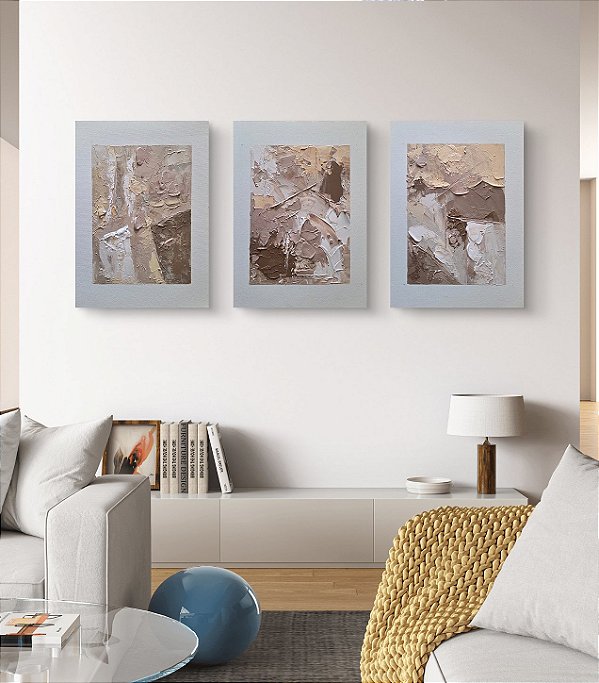 Quadro pintado a mão Abstrato conjunto em três peças.