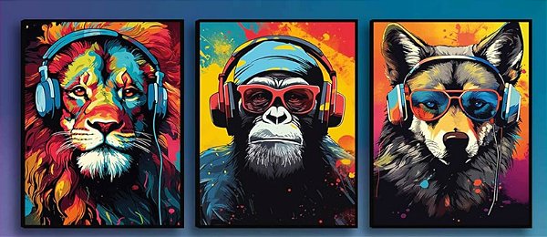 Pintura em tela quadro conjunto Pop arte Animais