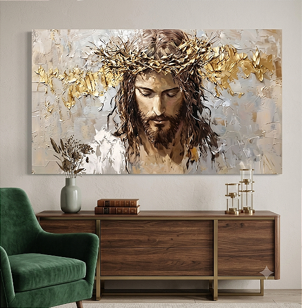 Quadro de Jesus com coroa de espinhos pintado a mão