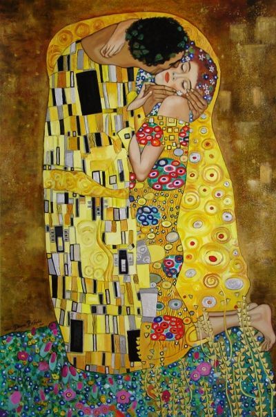 Quadro pintado a mão releitura"O Beijo" de Klimt