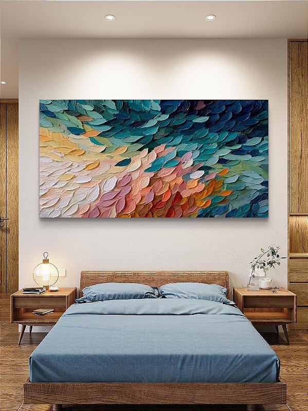 Pintura em tela quadro abstrato folhas com texturas em relevos dando efeito 3D