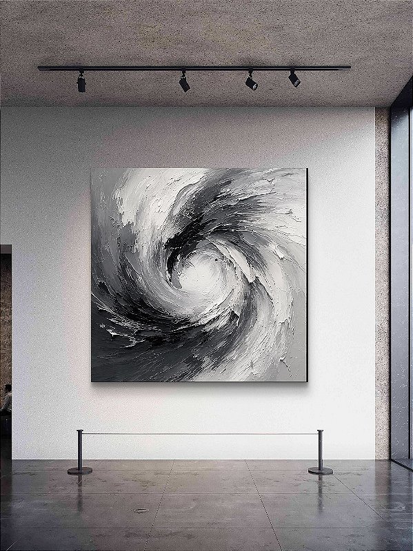 Quadro abstrato preto branco e cinza Pintura em Tela 100% feito a mão texturizado