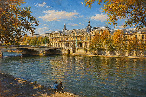 Paisagem Parisiense às Margens do Sena — Pintura a Óleo sobre Tela
