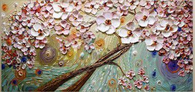 Quadro Decorativo Pintura em Tela Árvore Cerejeira Rosa