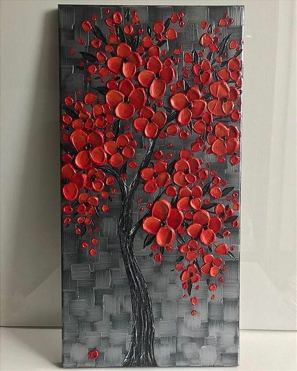 Pintura em Tela Árvores Modernas Cerejeira Flores Vermelhas Efeito 3d