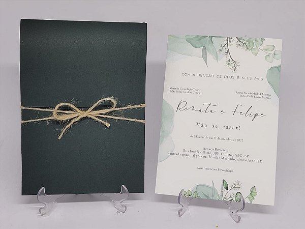Convite de casamento rustico verde com sisal