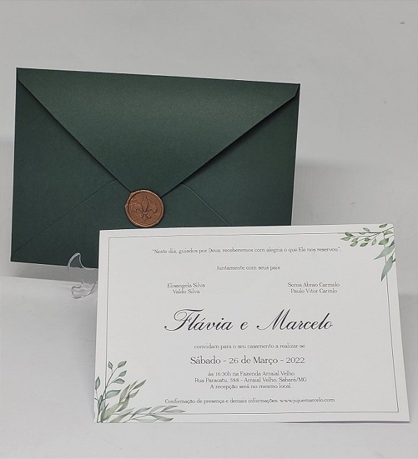 Convite casamento verde lacre bronze