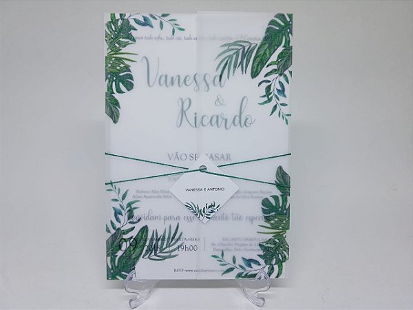 Convite casamento folhas em papel vegetal tropical