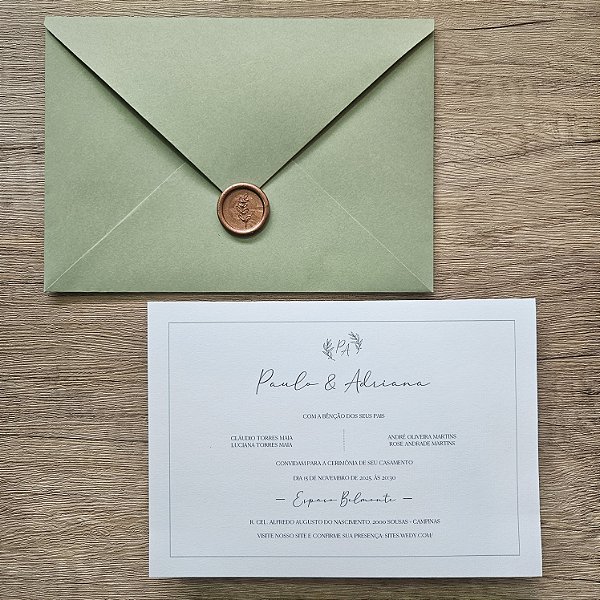 Convite Casamento Verde Floresta lacre cera