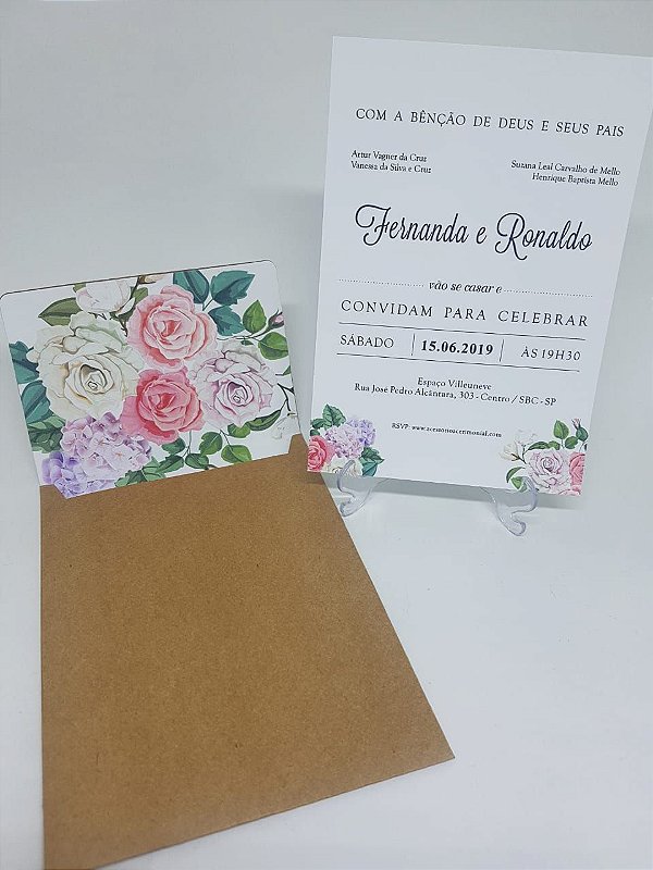 Convite envelope forrado floral