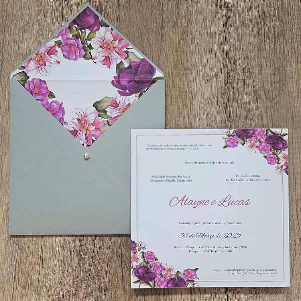 Convite casamento cinza forrado flores