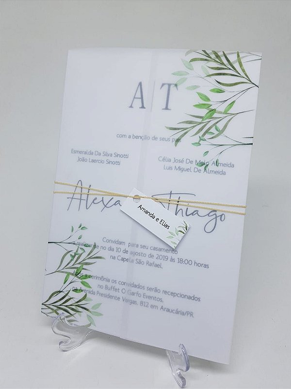 Convite casamento folhas papel vegetal