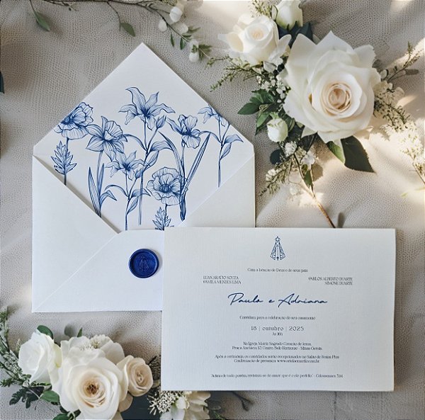 Convite casamento azul e branco lacre forrado