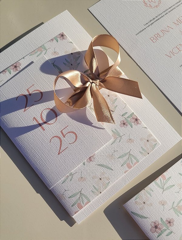 Convite casamento linho moderno com laço