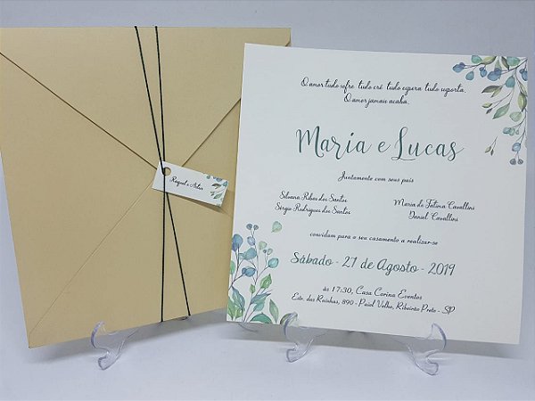 Convite envelope palha com folhas