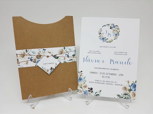 Convite casamento rustico floral azul