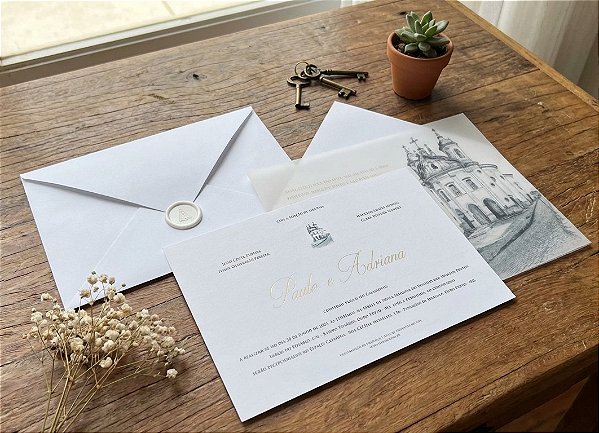 Convite casamento forrado e vegetal igreja