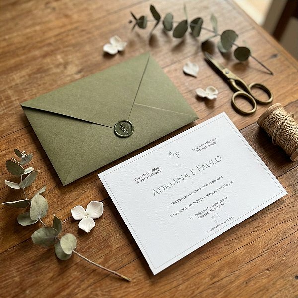 Convite Casamento com lacre verde oliva